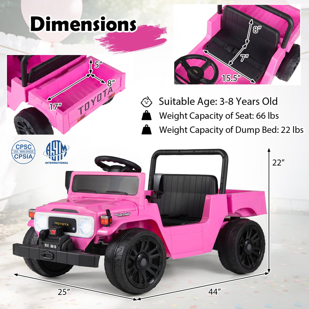 12V Electric Ride On Truck with Dump Bed and Music Licensed Toyota-Pink view 4