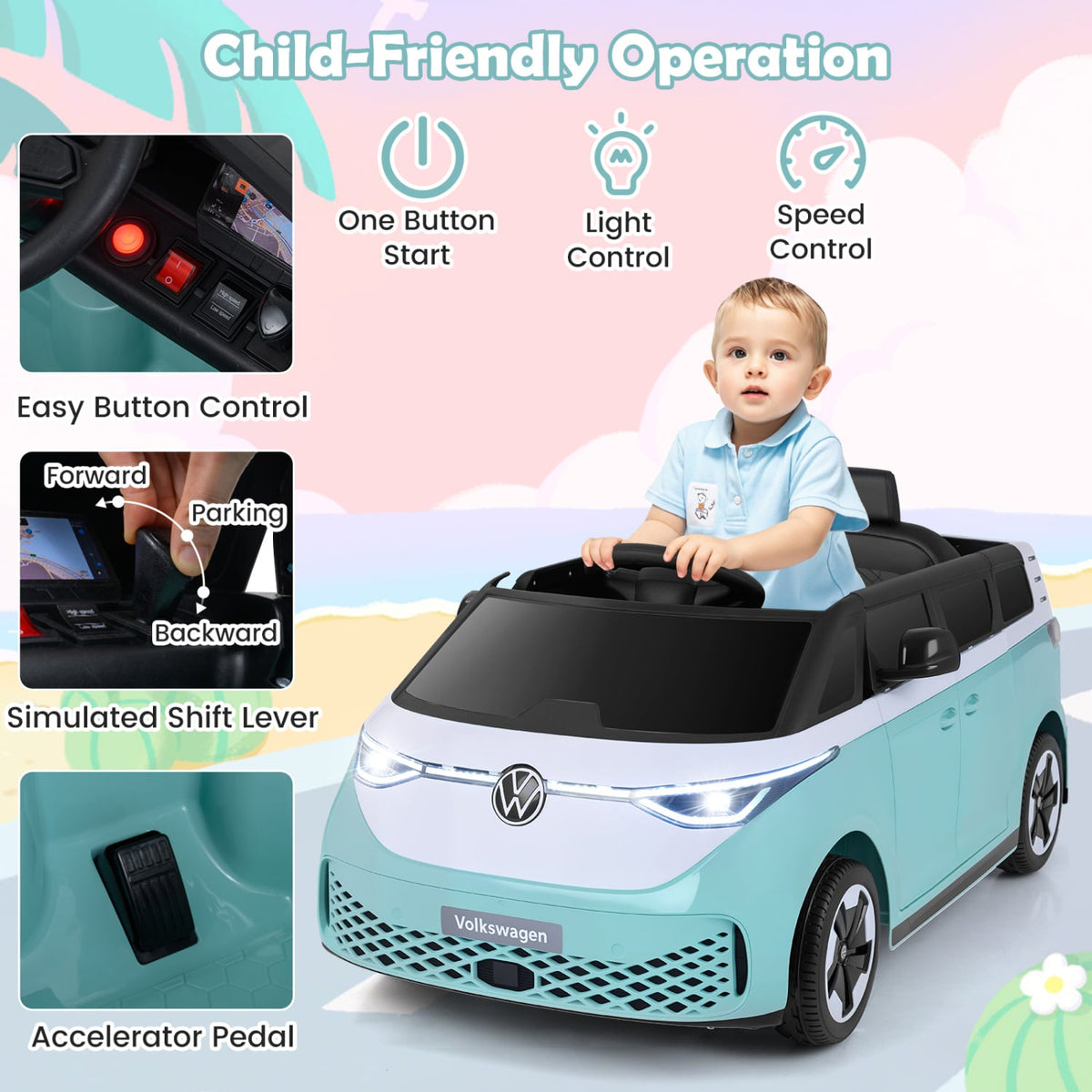 12V Kids Electric Car Bus with Music and LED Headlights Licensed Volkswagen-Blue view 5