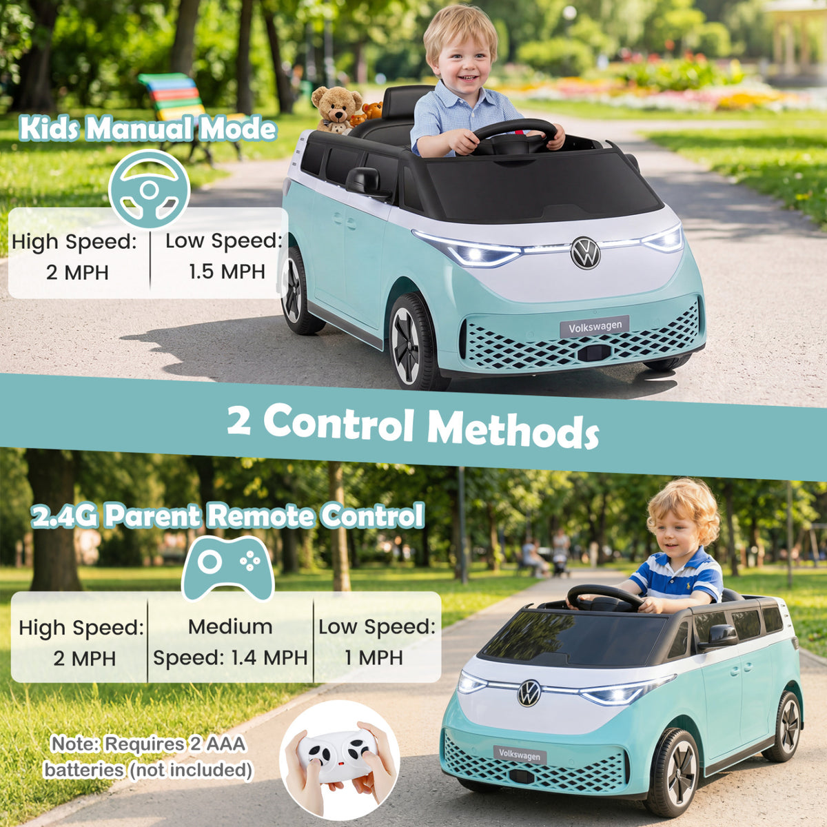 12V Kids Electric Car Bus with Music and LED Headlights Licensed Volkswagen-Blue view 6