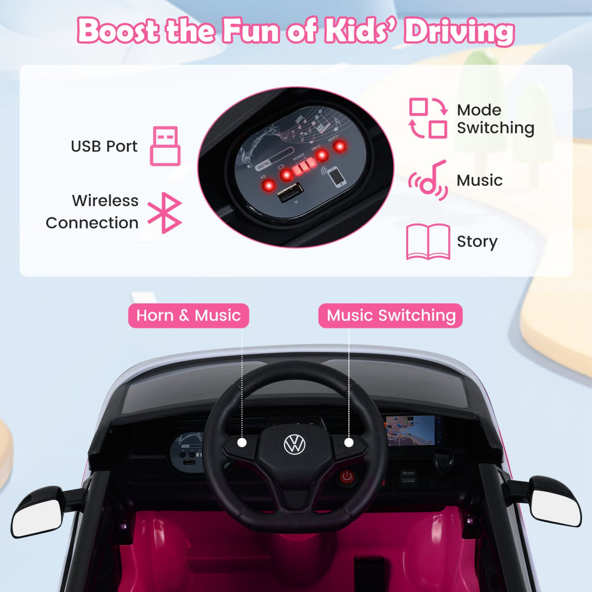 12V Kids Electric Car Bus with Music and LED Headlights Licensed Volkswagen-Pink view 5