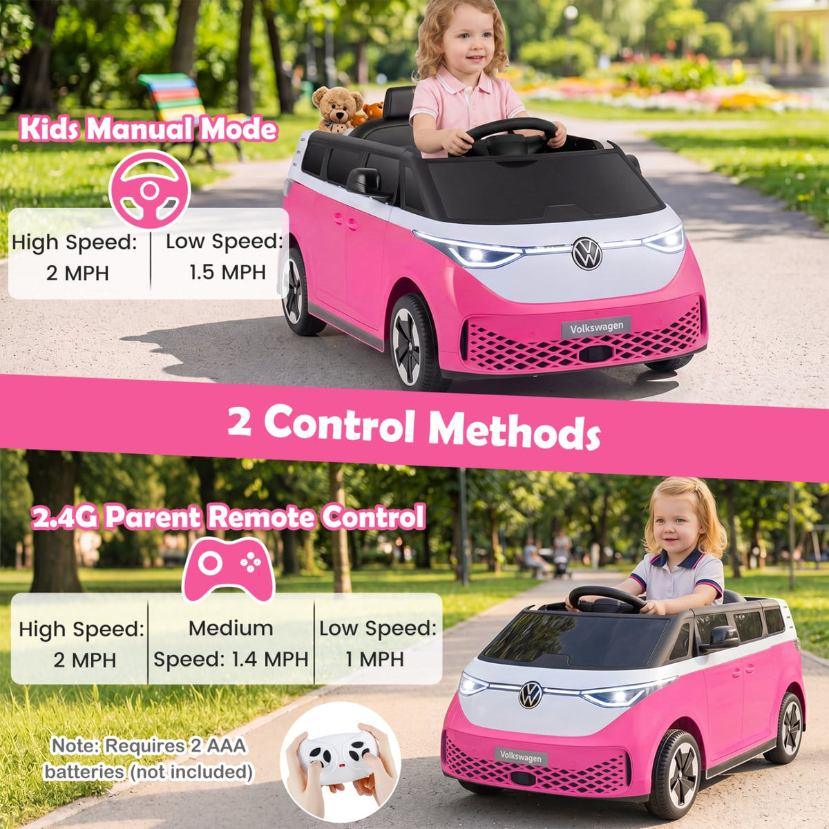 12V Kids Electric Car Bus with Music and LED Headlights Licensed Volkswagen-Pink view 6