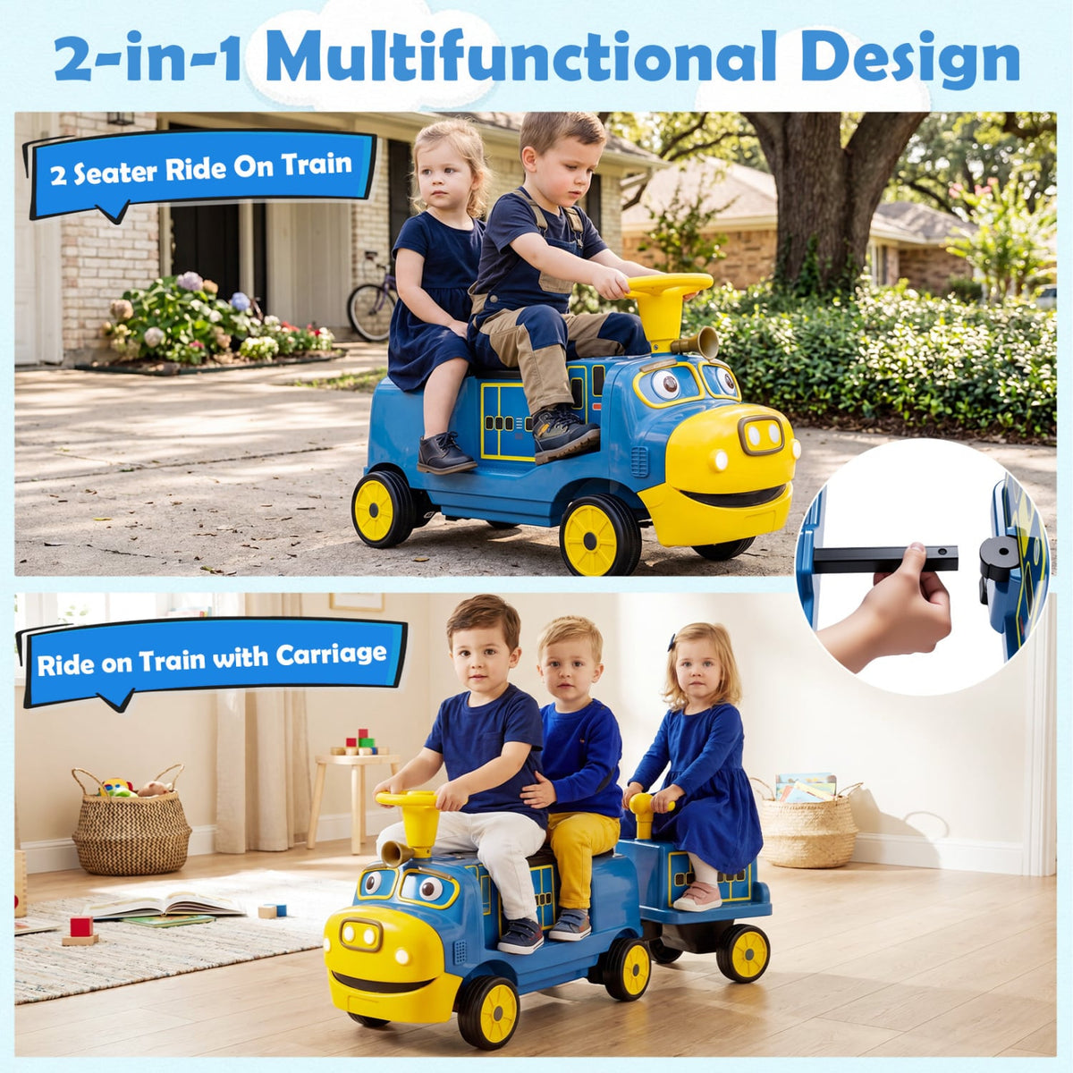 12V Kids Ride on Train 3-Seater with Detachable Carriage Licensed Chuggington-Blue view 6