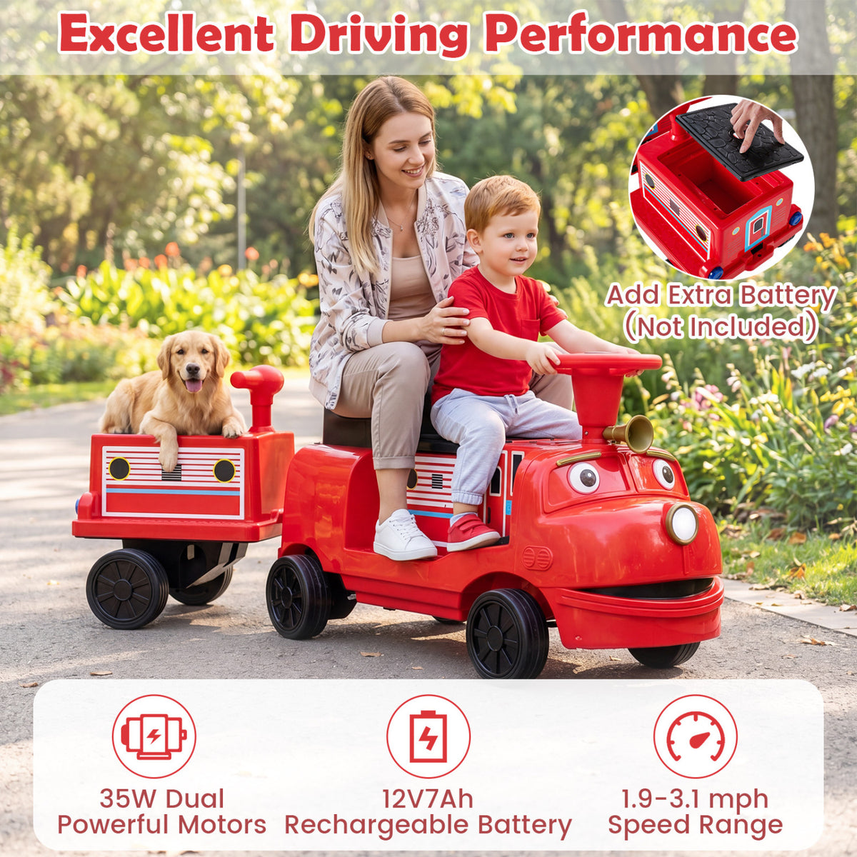 12V Kids Ride on Train 3-Seater with Detachable Carriage Licensed Chuggington-Red view 6