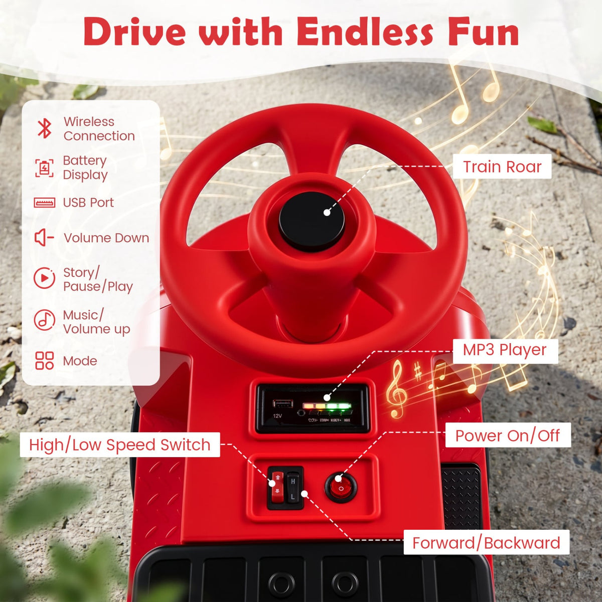 12V Kids Ride on Train 3-Seater with Detachable Carriage Licensed Chuggington-Red view 7