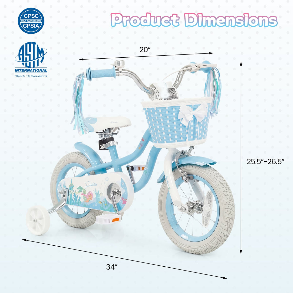 12-20 Inch Kids Bike Adjustable with Basket and Streamers Blue - Princess of the Sea Theme-12 Inch view 4