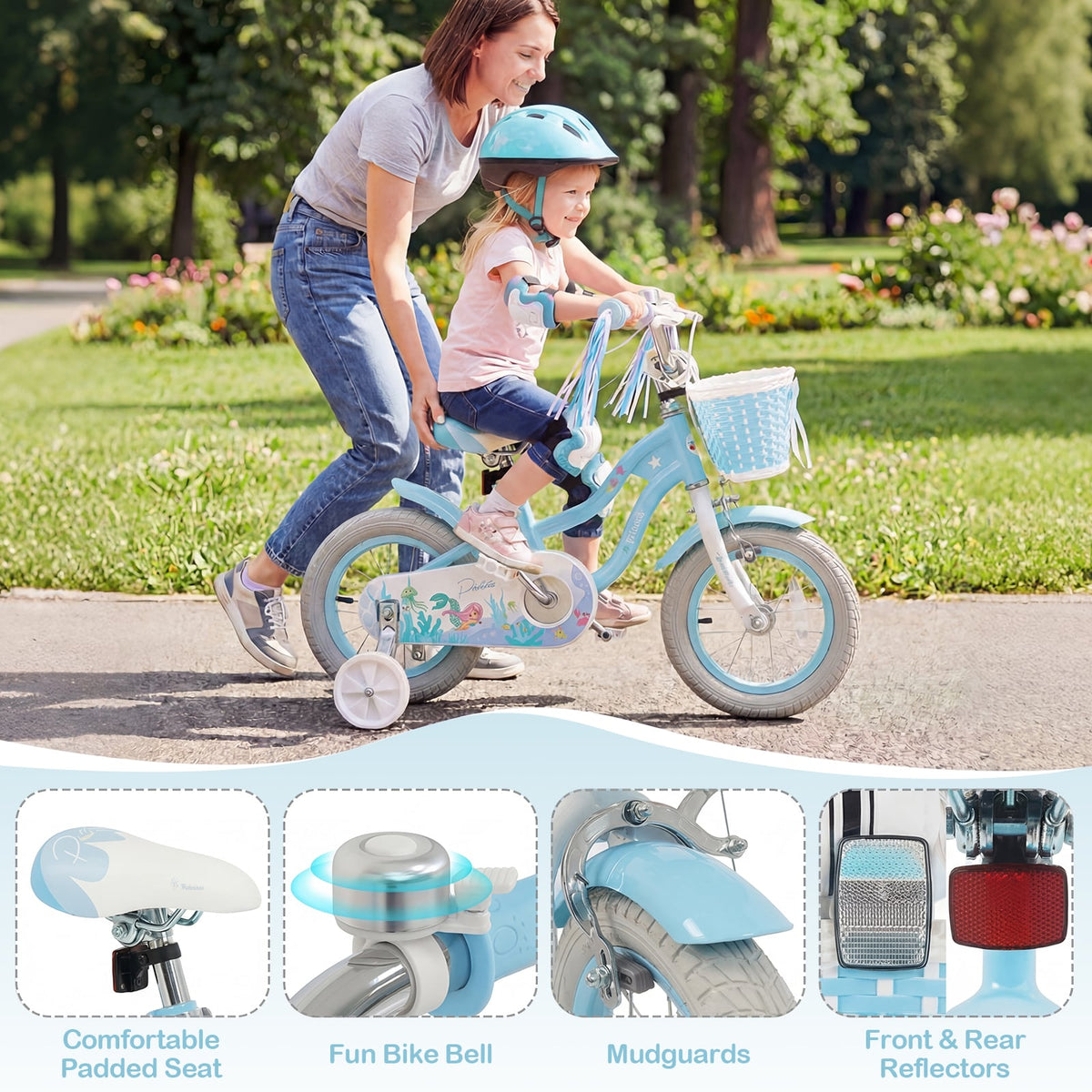 12-20 Inch Kids Bike Adjustable with Basket and Streamers Blue - Princess of the Sea Theme-12 Inch view 6