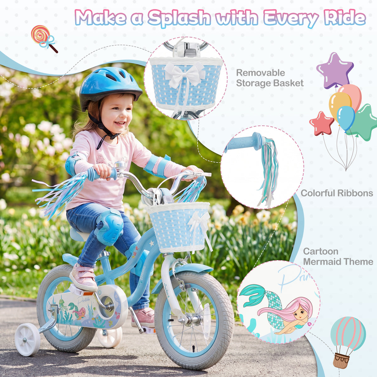 12-20 Inch Kids Bike Adjustable with Basket and Streamers Blue - Princess of the Sea Theme-12 Inch view 7