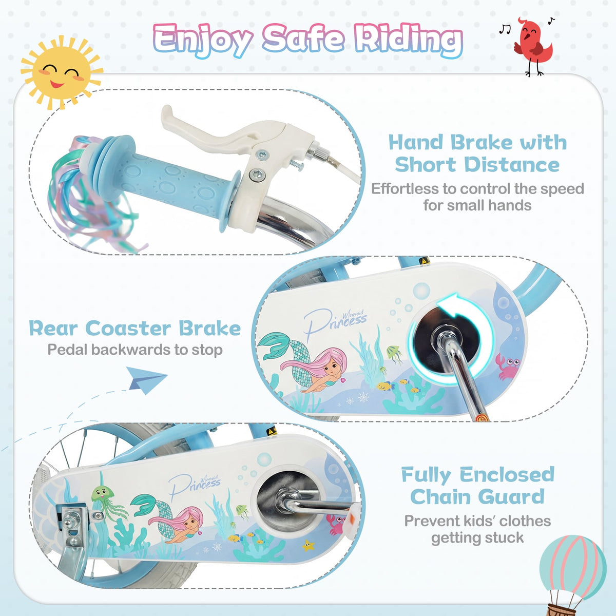 12-20 Inch Kids Bike Adjustable with Basket and Streamers Blue - Princess of the Sea Theme-12 Inch view 9