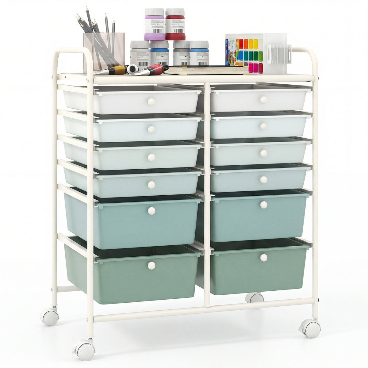 12-Drawer Rolling Storage Cart with Removable Drawers and Lockable Wheels-Green Gradient view 4