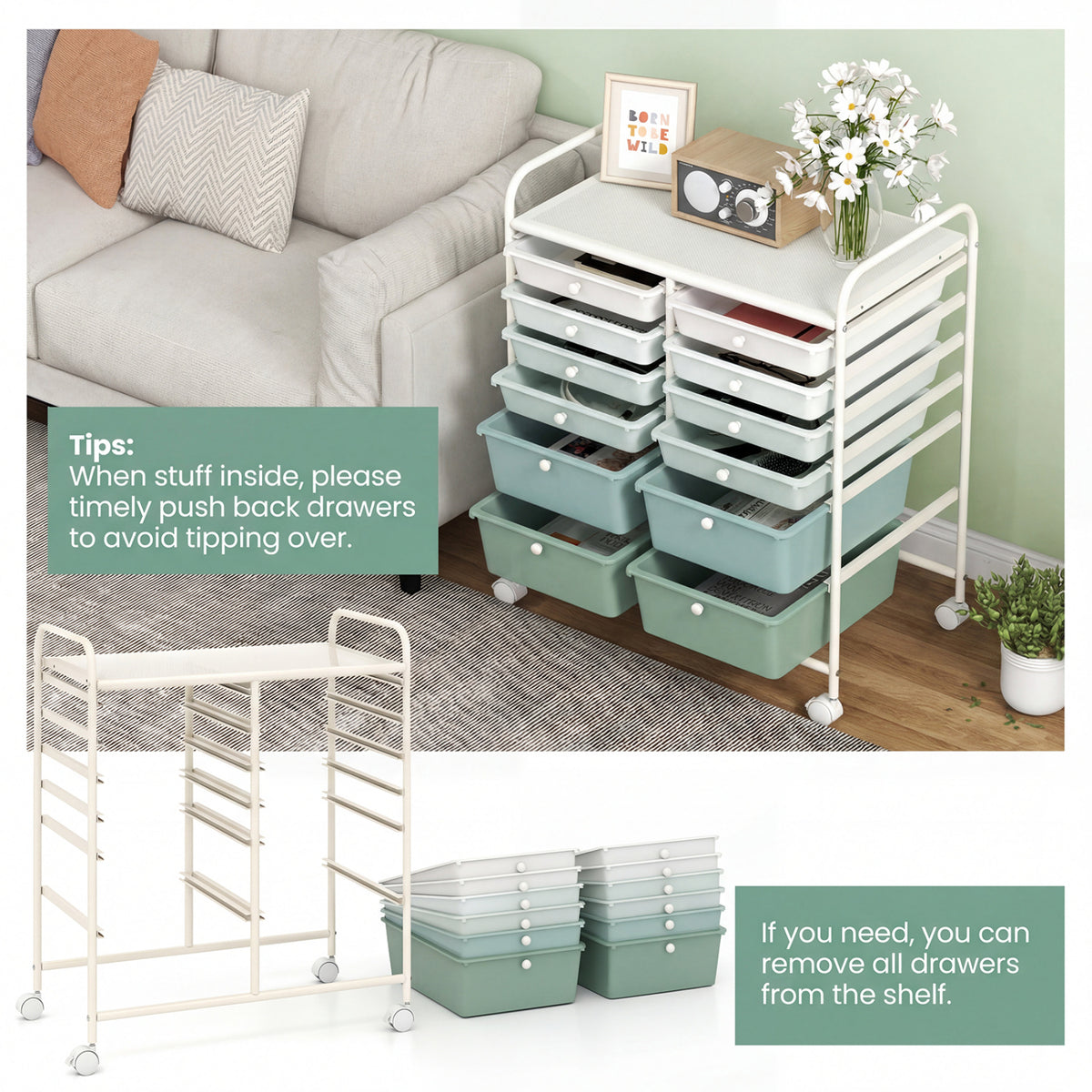 12-Drawer Rolling Storage Cart with Removable Drawers and Lockable Wheels-Green Gradient view 6