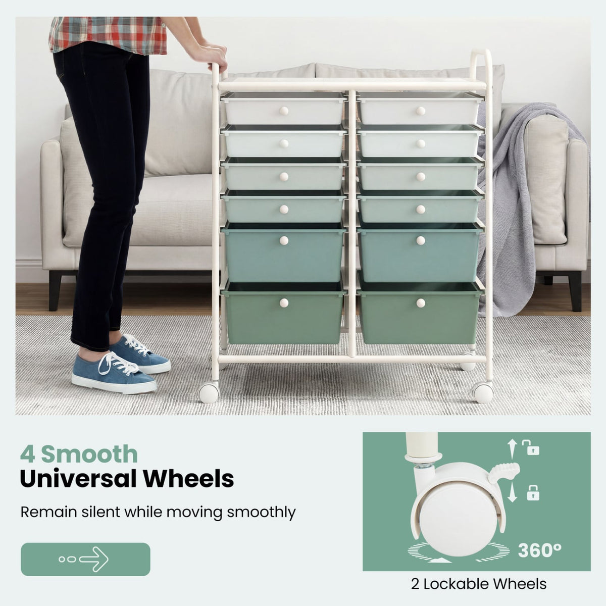 12-Drawer Rolling Storage Cart with Removable Drawers and Lockable Wheels-Green Gradient view 8