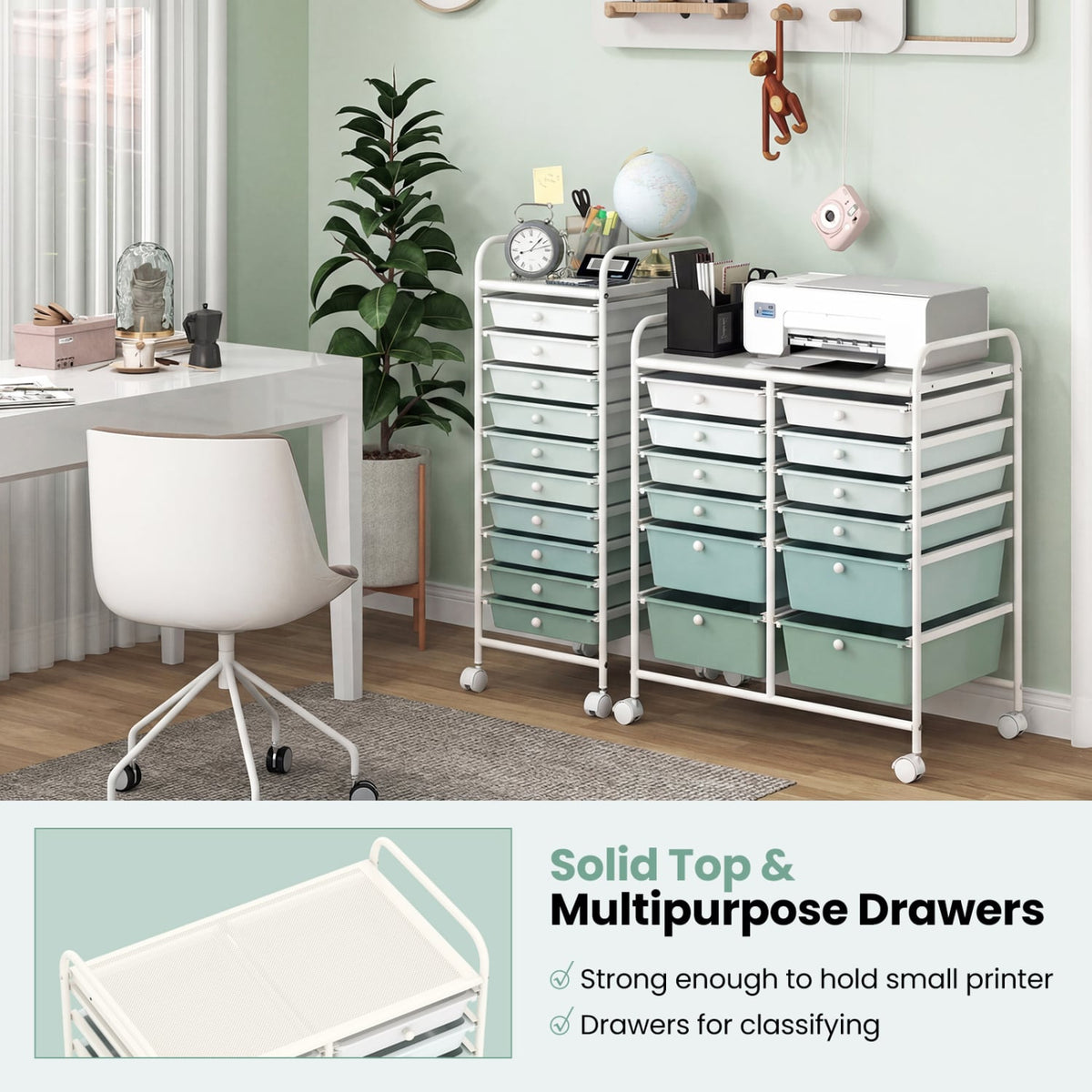 12-Drawer Rolling Storage Cart with Removable Drawers and Lockable Wheels-Green Gradient view 9