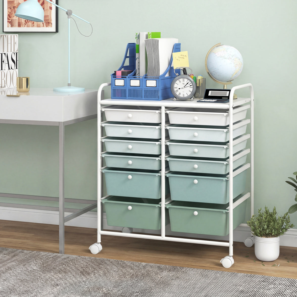 12-Drawer Rolling Storage Cart with Removable Drawers and Lockable Wheels-Green Gradient view 2