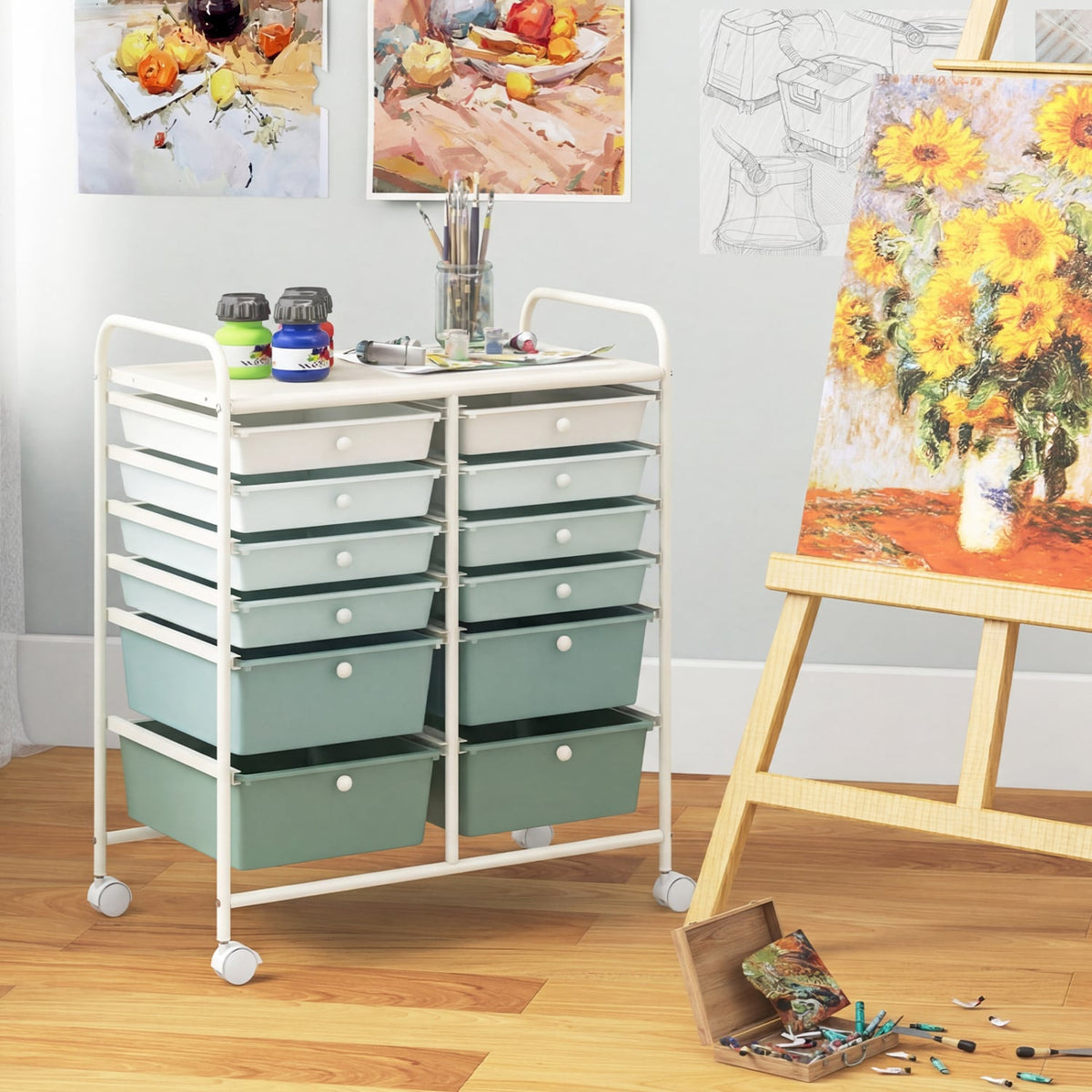12-Drawer Rolling Storage Cart with Removable Drawers and Lockable Wheels-Green Gradient view 3