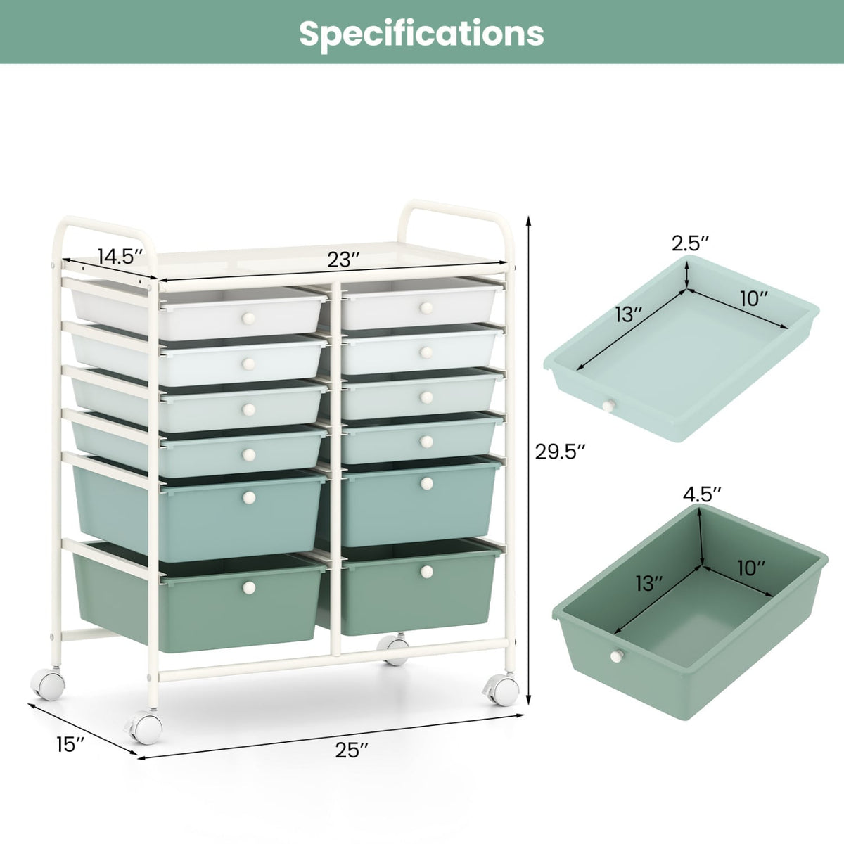 12-Drawer Rolling Storage Cart with Removable Drawers and Lockable Wheels-Green Gradient view 5