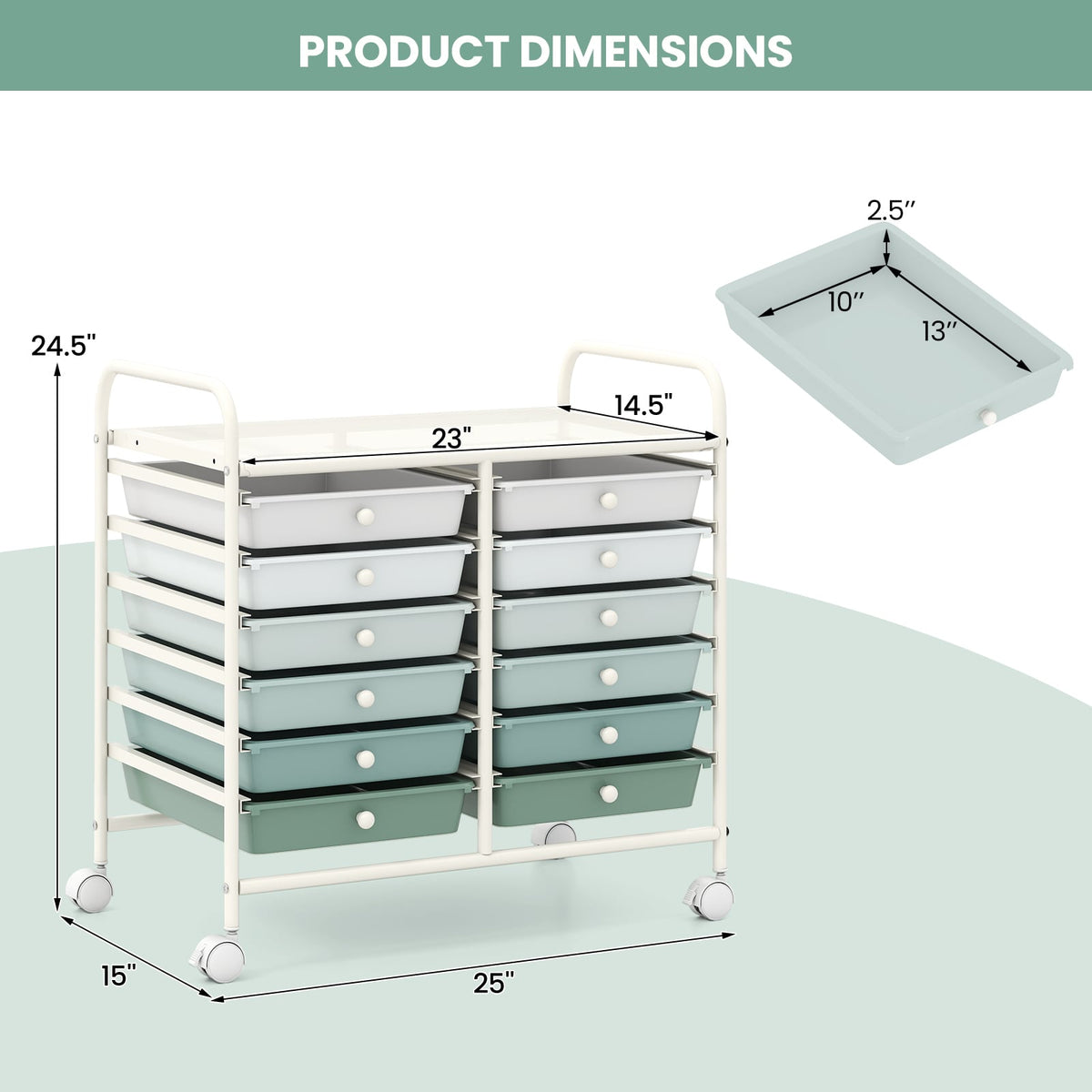 12 Drawers Rolling Storage Cart for Home and Office-Green Gradient view 5
