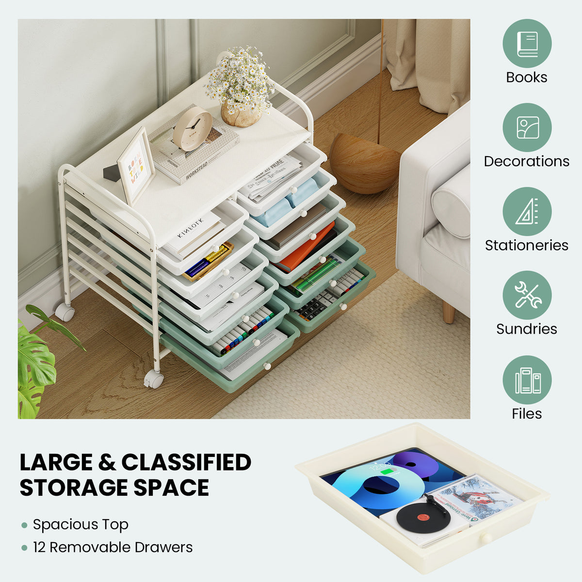 12 Drawers Rolling Storage Cart for Home and Office-Green Gradient view 7