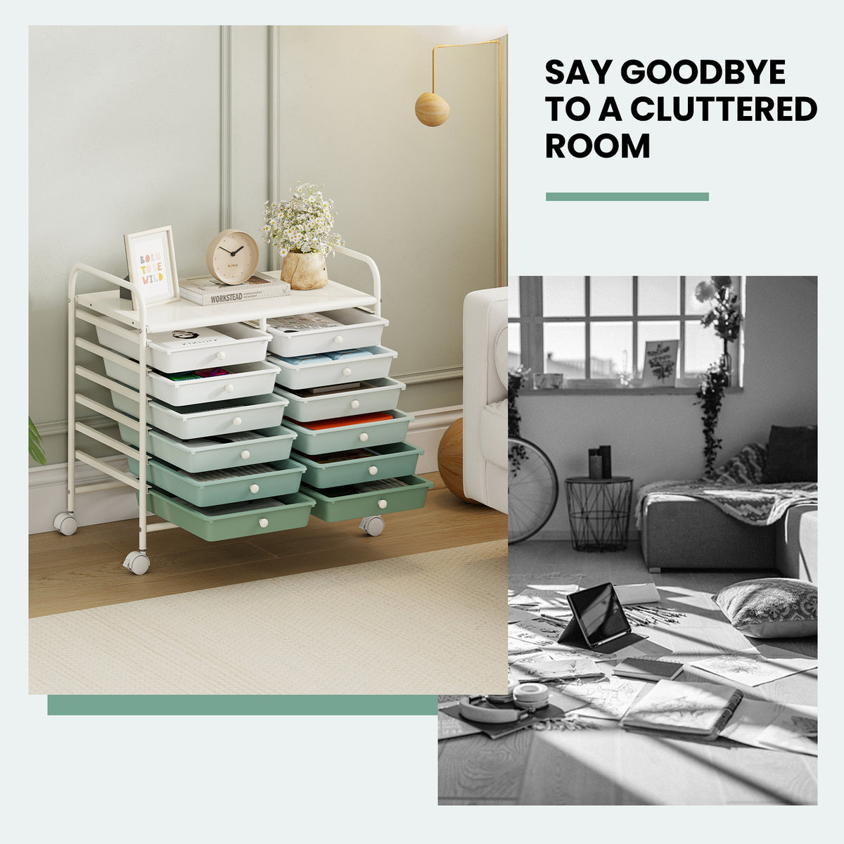 12 Drawers Rolling Storage Cart for Home and Office-Green Gradient view 8