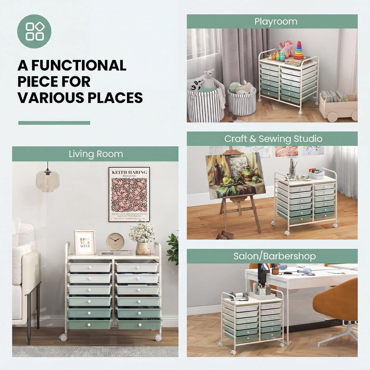 12 Drawers Rolling Storage Cart for Home and Office-Green Gradient view 9