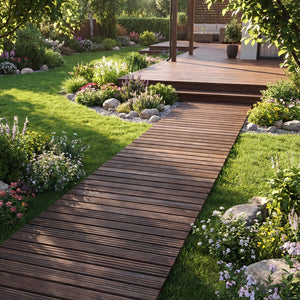 12 FT Wooden Garden Pathway 22 Inches Wide Outdoor Roll out Straight Walkway-Brown view 2