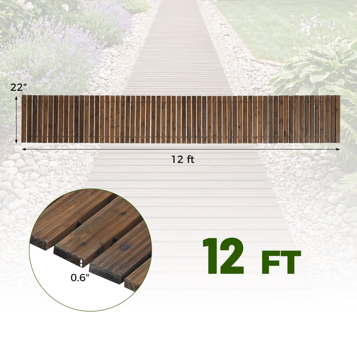 12 FT Wooden Garden Pathway 22 Inches Wide Outdoor Roll out Straight Walkway-Brown view 4
