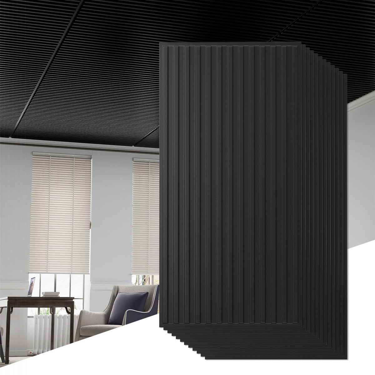 12-Pack PVC Slat Wall Panels for Interior Wall Decoration for Living Room and TV Background-Black