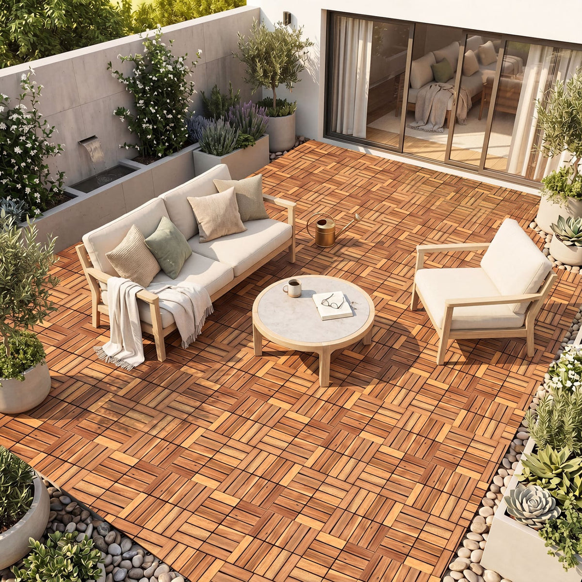 12 x 12 Inch 27 Pieces Acacia Wood Interlocking Deck Tiles-Natural view 2