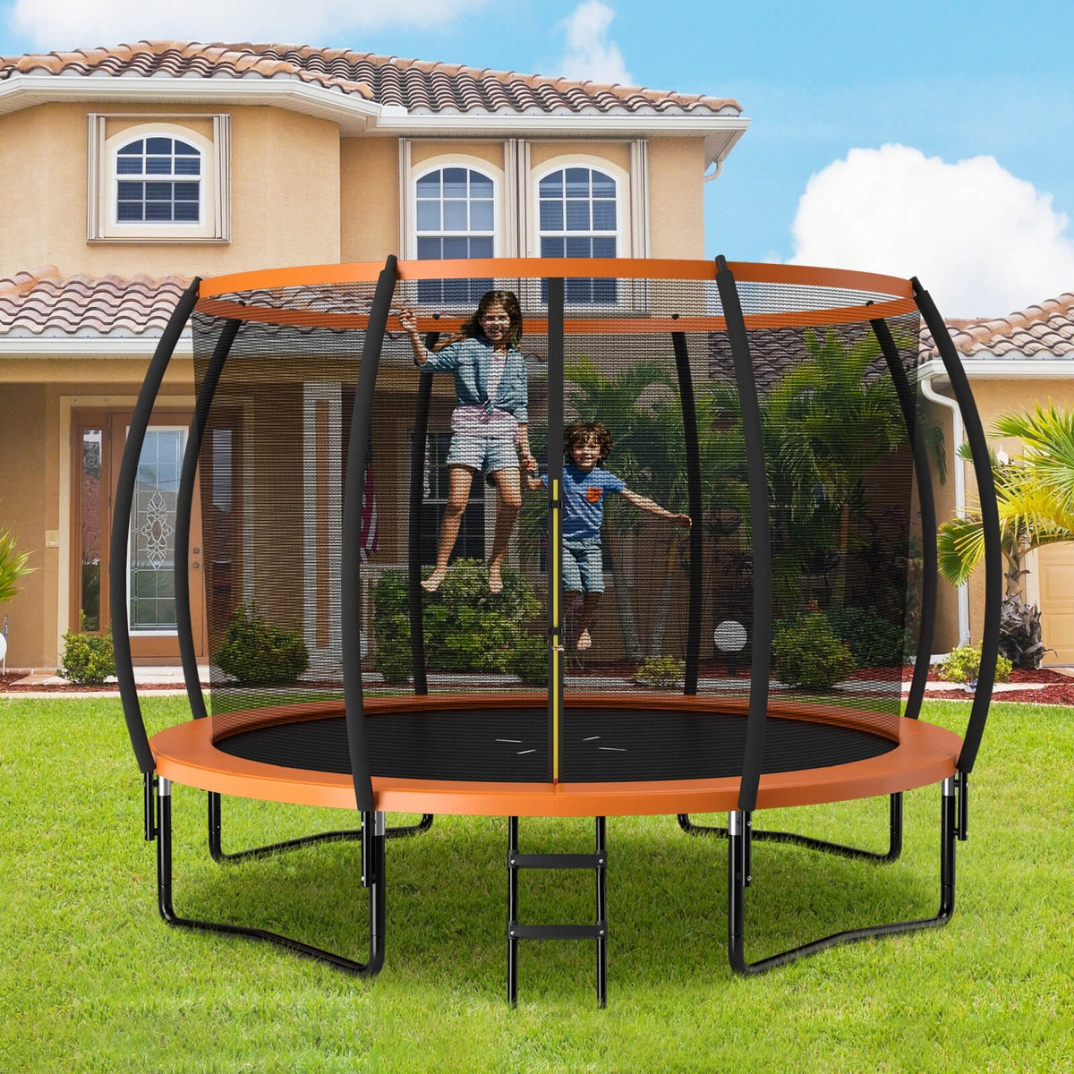 12FT ASTM Approved Recreational Trampoline with Ladder-Orange view 2