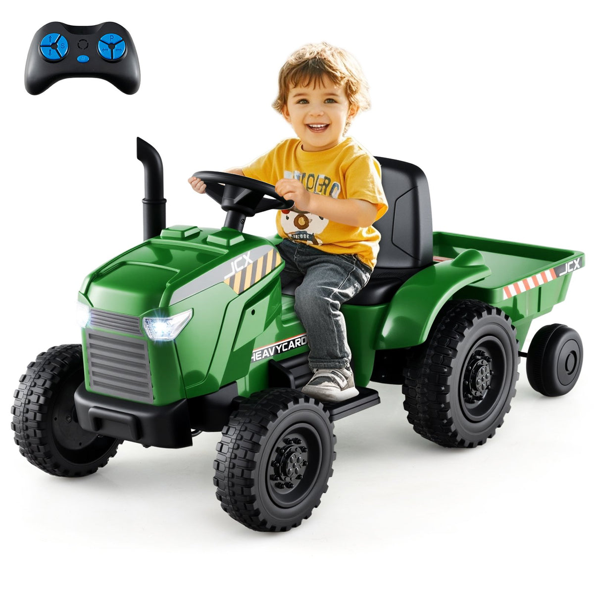 12V 2-in-1 Kids Ride On Tractor with Trailer and 3-Gear Shift-Grayish Green view 3