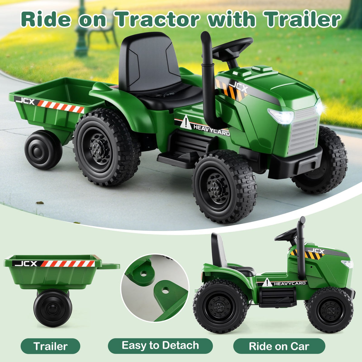12V 2-in-1 Kids Ride On Tractor with Trailer and 3-Gear Shift-Grayish Green view 5