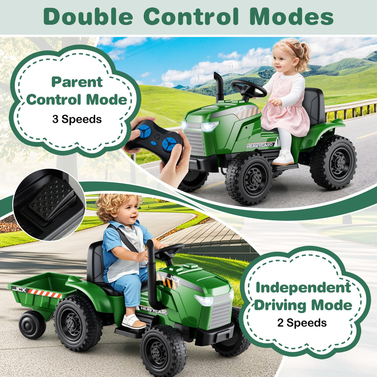 12V 2-in-1 Kids Ride On Tractor with Trailer and 3-Gear Shift-Grayish Green view 9