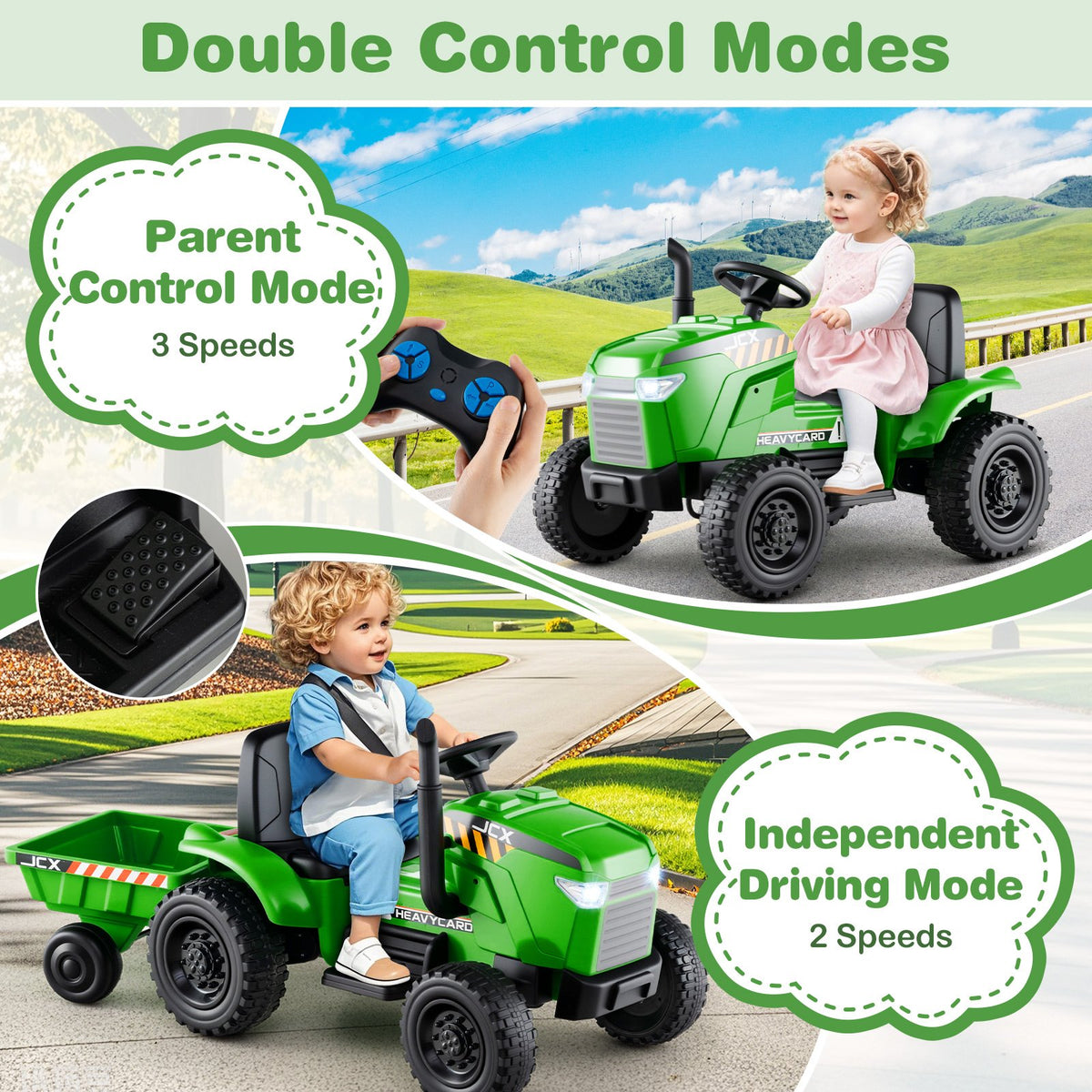 12V 2-in-1 Kids Ride On Tractor with Trailer and 3-Gear Shift-Green view 9