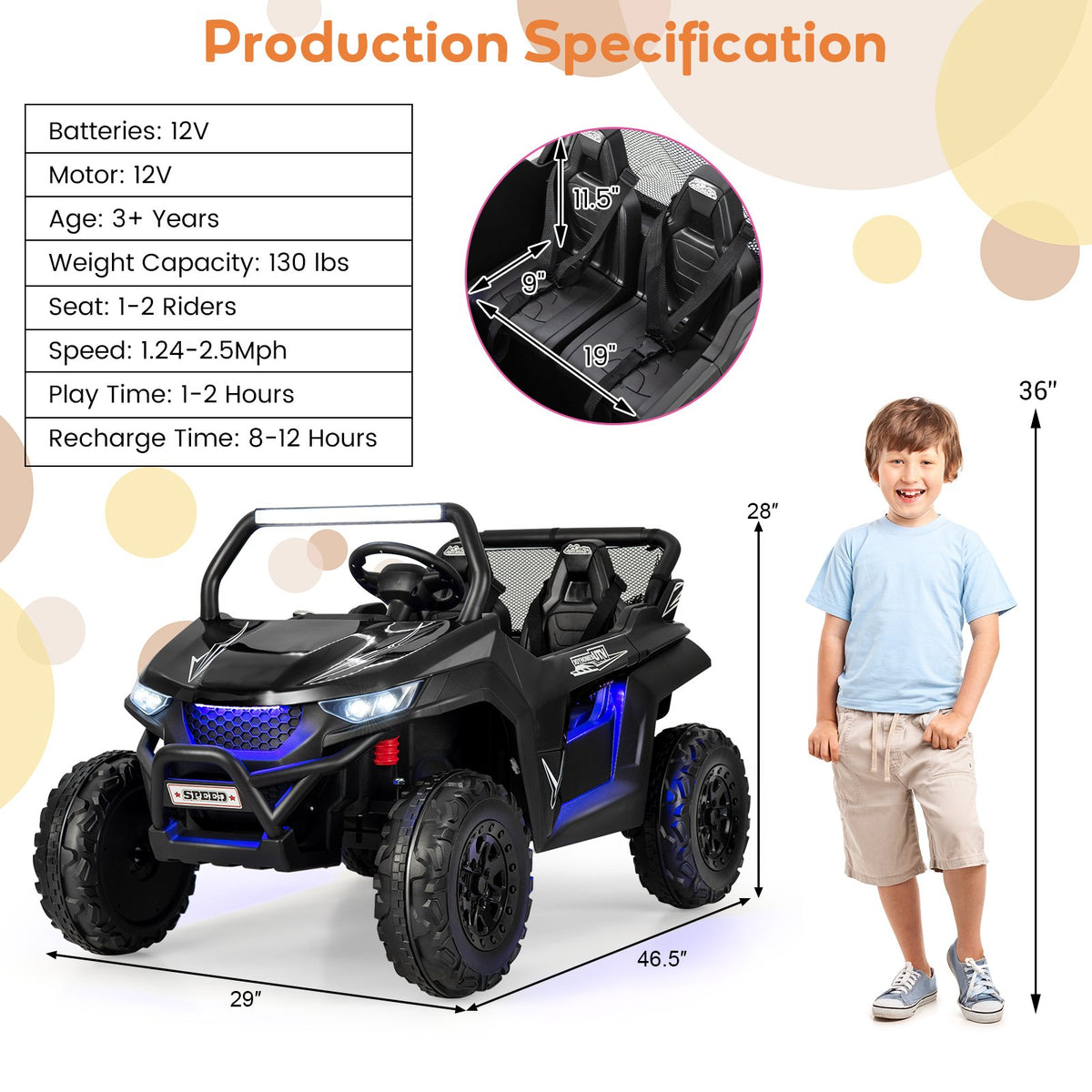 12V 2-Seater Kids Ride on UTV with Slow Start Function Music-Black view 4