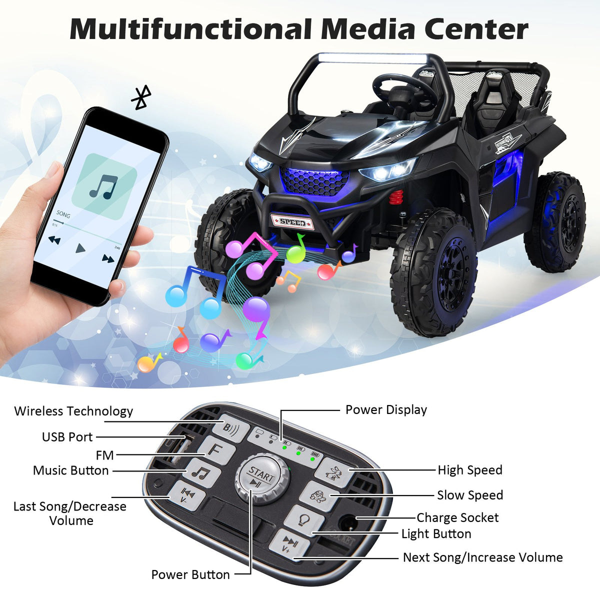 12V 2-Seater Kids Ride on UTV with Slow Start Function Music-Black view 6