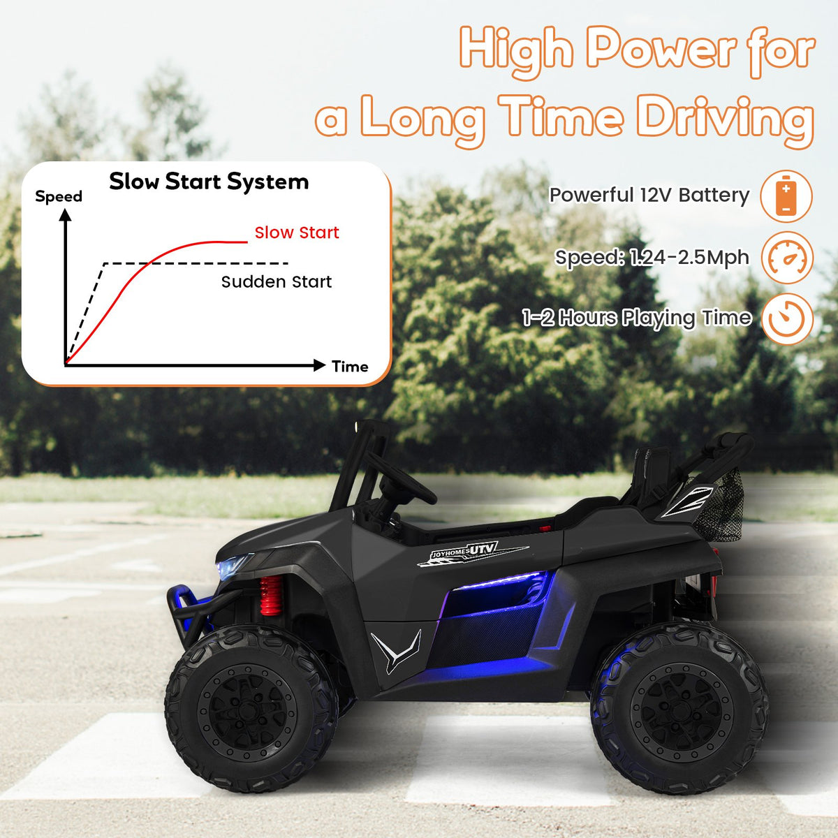 12V 2-Seater Kids Ride on UTV with Slow Start Function Music-Black view 7