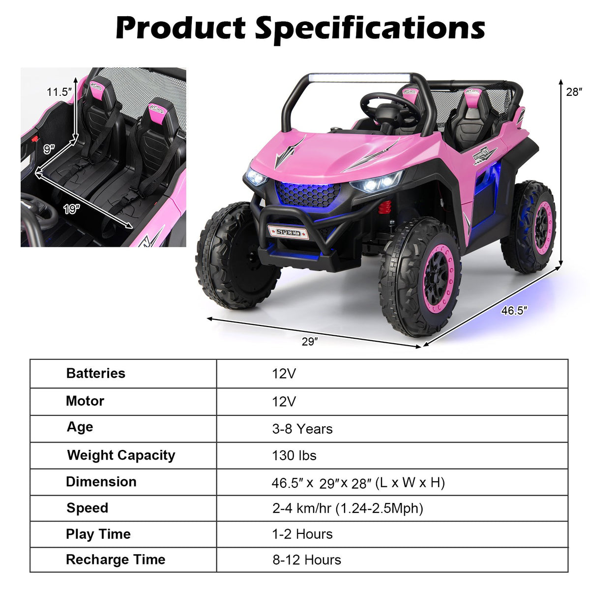 12V 2-Seater Kids Ride on UTV with Slow Start Function Music-Pink view 4