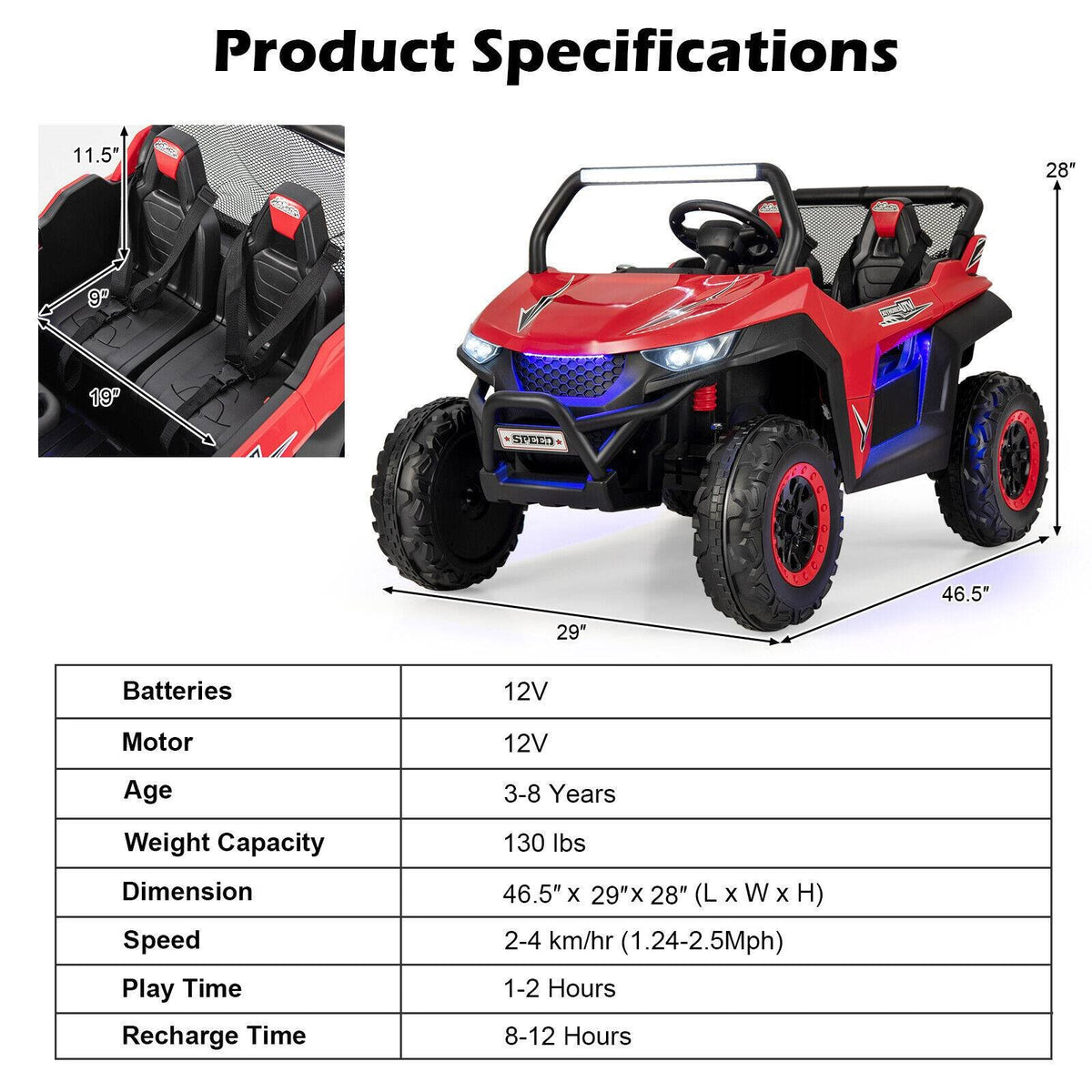 12V 2-Seater Kids Ride on UTV with Slow Start Function Music-Red view 4