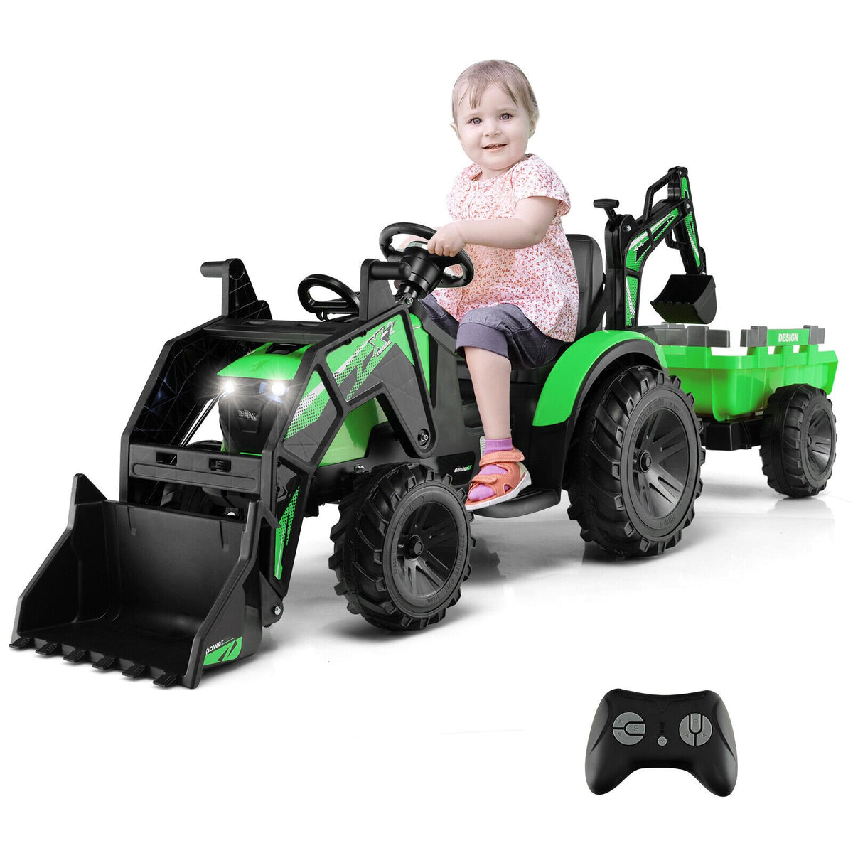 12V 3 in 1 Kids Ride On Excavator with Shovel Bucket and Music-Green view 3