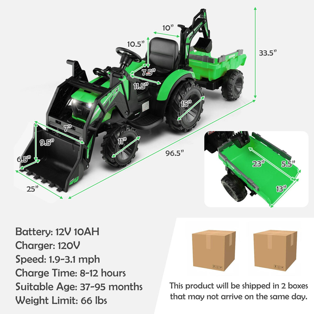 12V 3 in 1 Kids Ride On Excavator with Shovel Bucket and Music-Green view 4