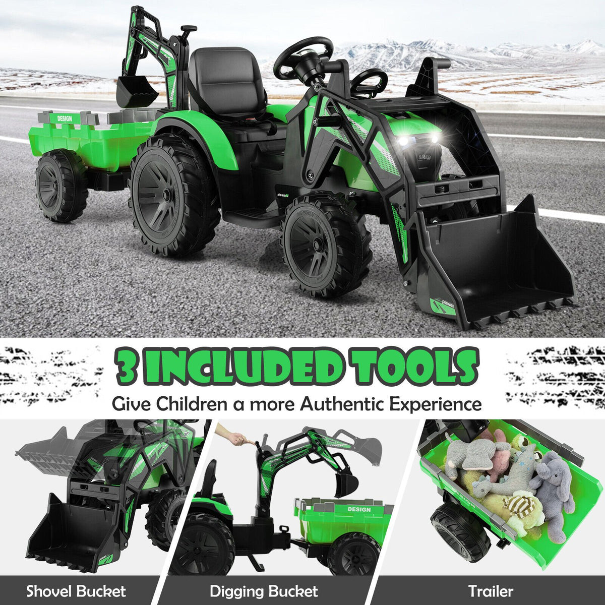 12V 3 in 1 Kids Ride On Excavator with Shovel Bucket and Music-Green view 6