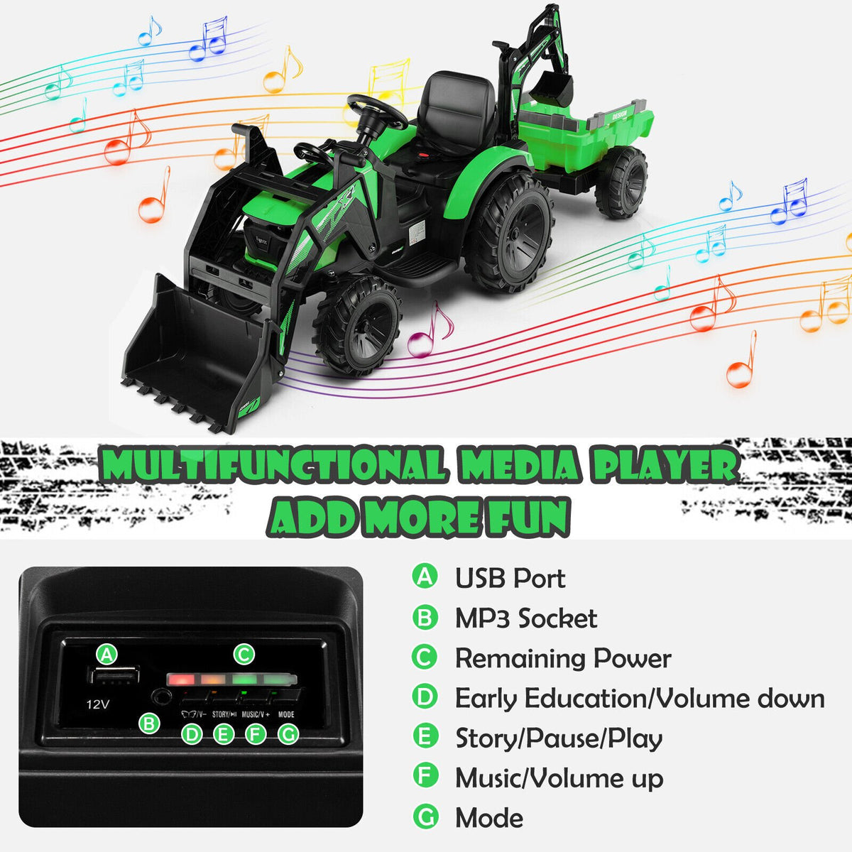12V 3 in 1 Kids Ride On Excavator with Shovel Bucket and Music-Green view 7