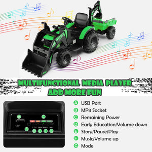 12V 3 in 1 Kids Ride On Excavator with Shovel Bucket and Music-Green view 7