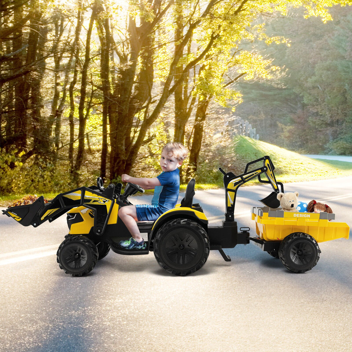 12V 3 in 1 Kids Ride On Excavator with Shovel Bucket and Music-Yellow view 2