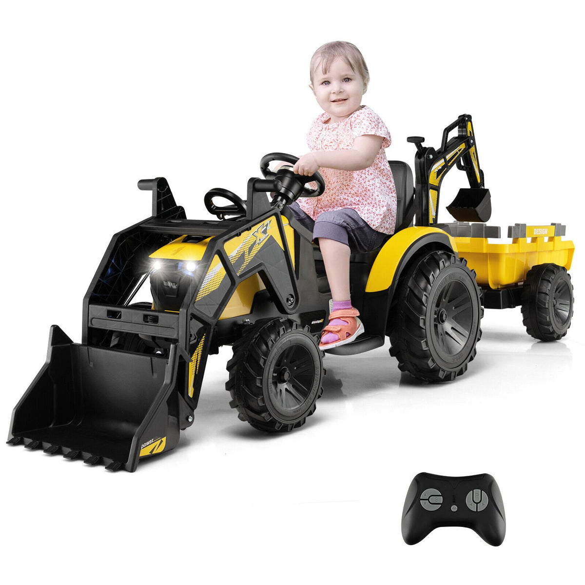 12V 3 in 1 Kids Ride On Excavator with Shovel Bucket and Music-Yellow view 3