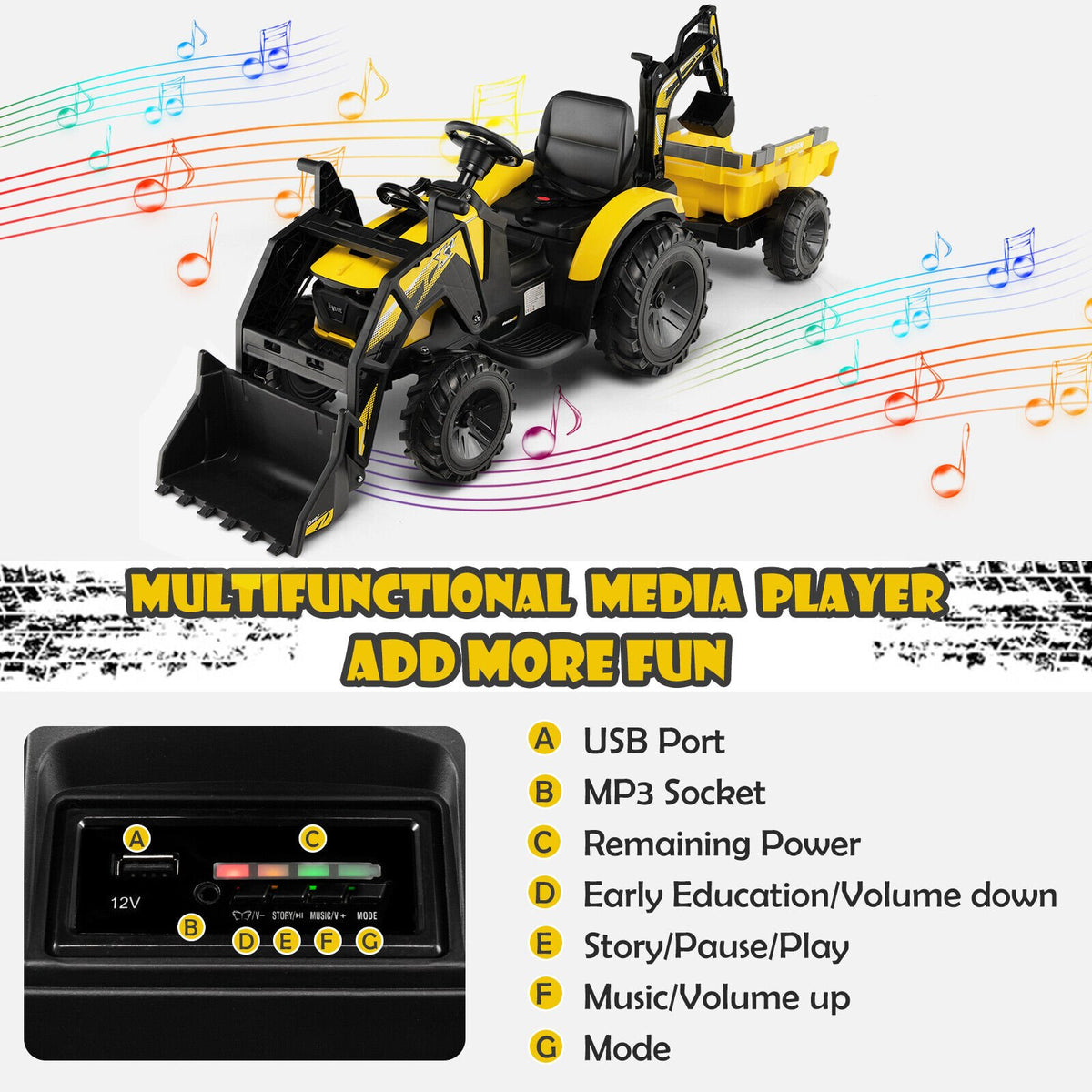 12V 3 in 1 Kids Ride On Excavator with Shovel Bucket and Music-Yellow view 5