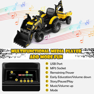 12V 3 in 1 Kids Ride On Excavator with Shovel Bucket and Music-Yellow view 5