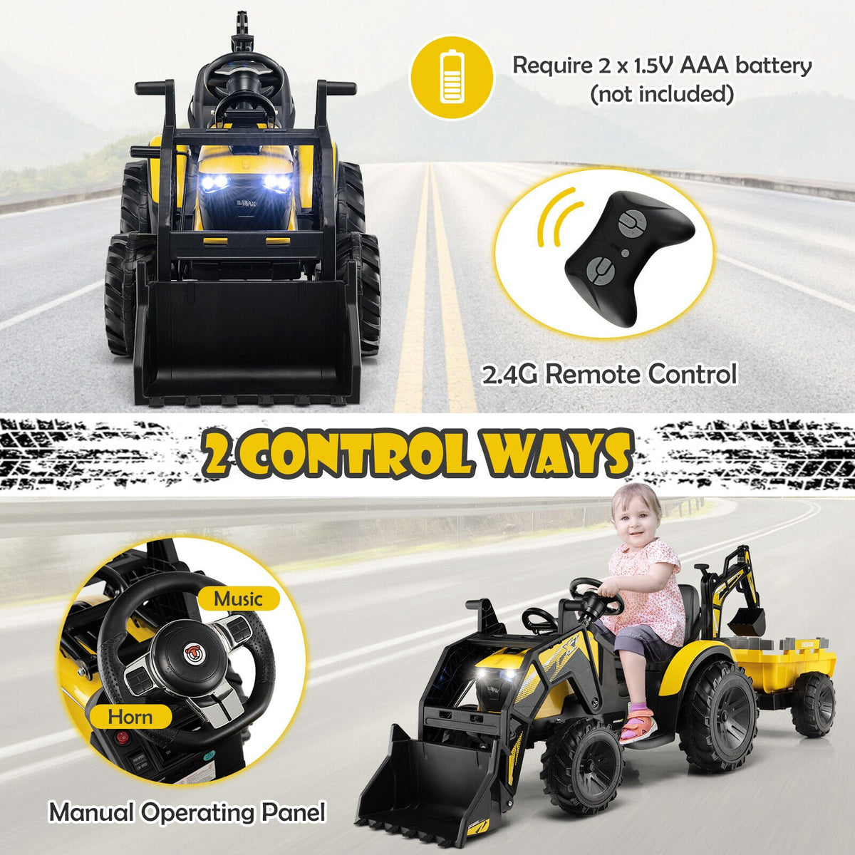 12V 3 in 1 Kids Ride On Excavator with Shovel Bucket and Music-Yellow view 8