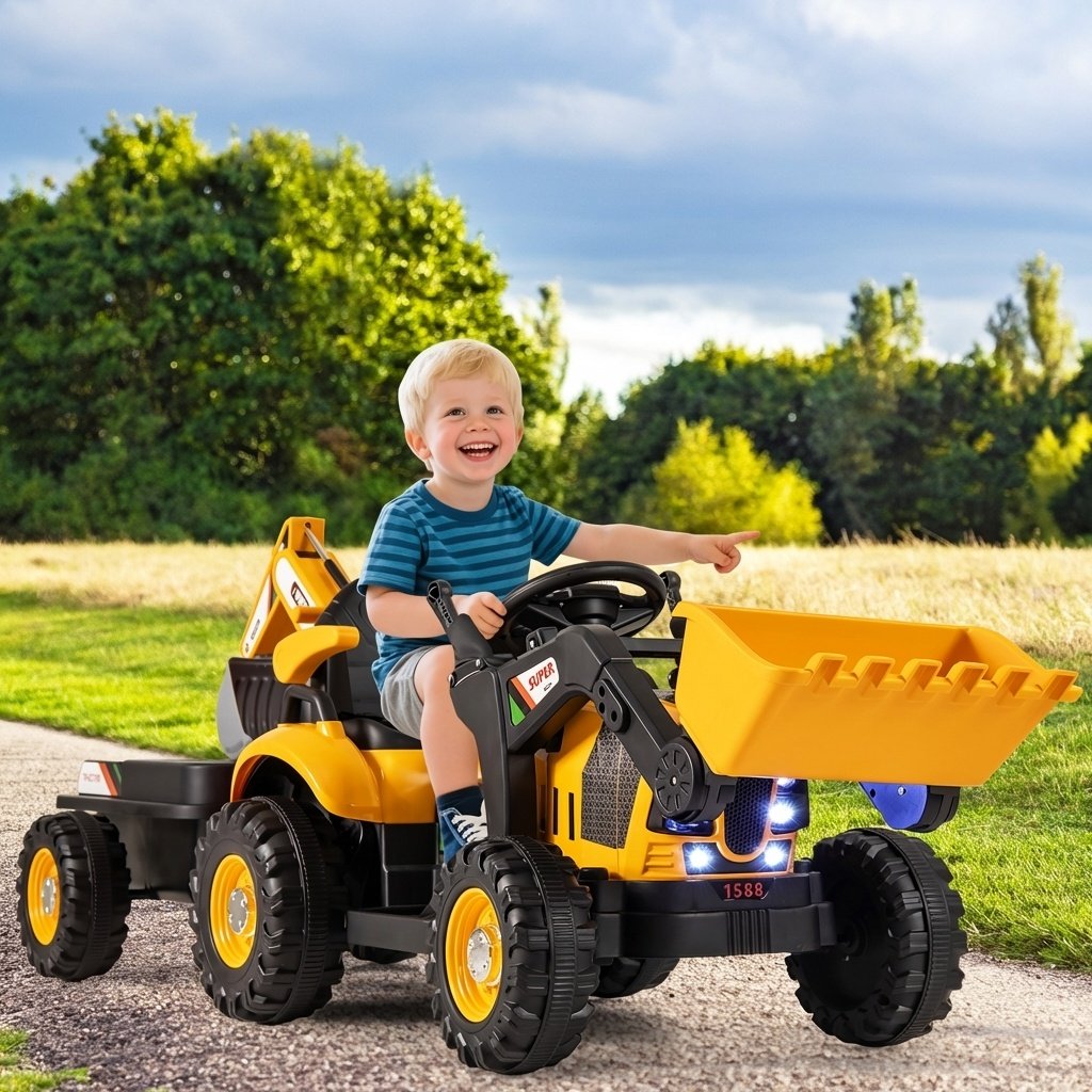 4-in-1 Kids Ride on Tractor 12V Excavator Bulldozer with Remote Control-Yellow view 2