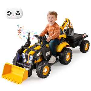4-in-1 Kids Ride on Tractor 12V Excavator Bulldozer with Remote Control-Yellow view 3