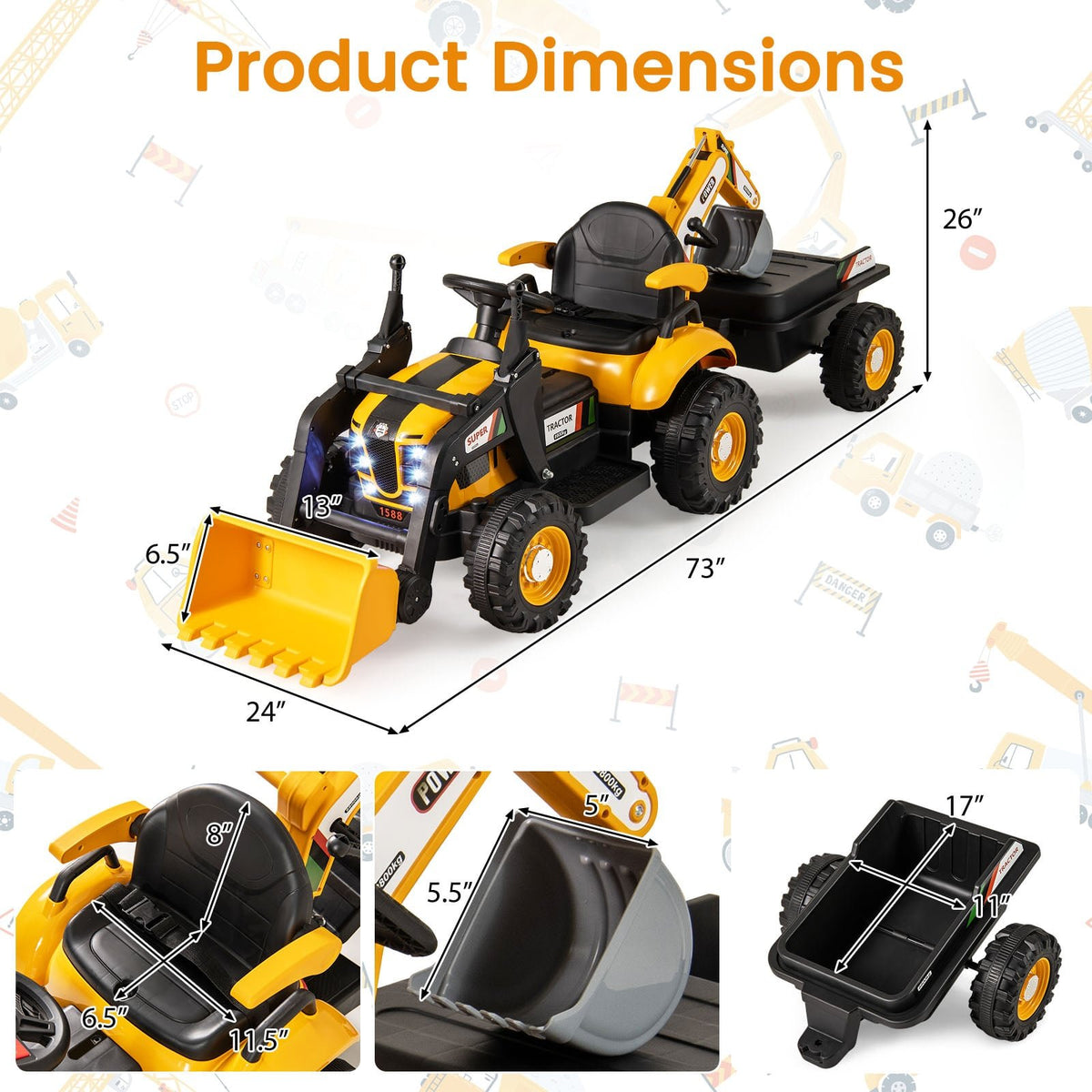4-in-1 Kids Ride on Tractor 12V Excavator Bulldozer with Remote Control-Yellow view 4